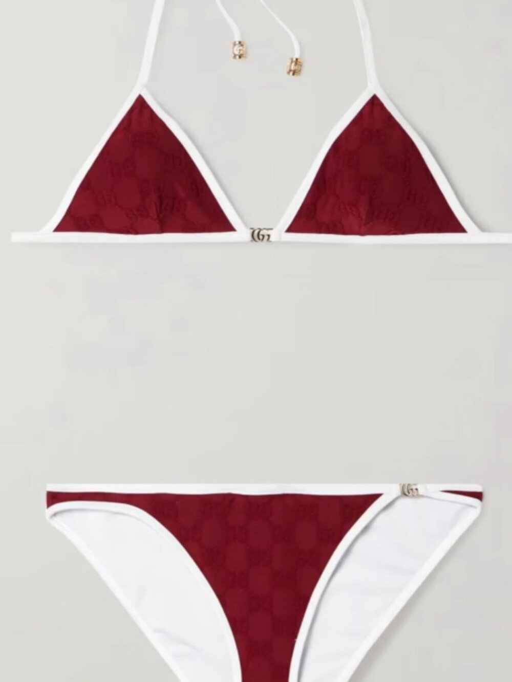 Gucci Burgundy GG Monogram Triangle Tie Bikini Set with Gold Hardware